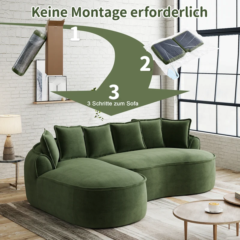 FLAREONN Canapé d'angle modulaire sans structure — Tissu chenille vert, 252 x 164 cm