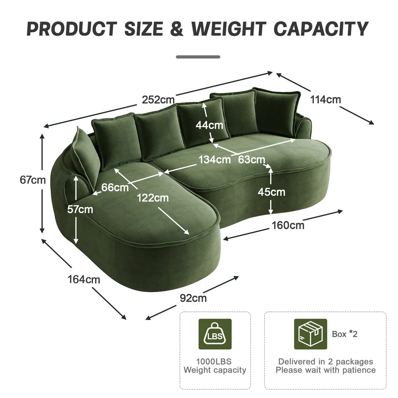 FLAREONN Canapé d'angle modulaire sans structure — Tissu chenille vert, 252 x 164 cm