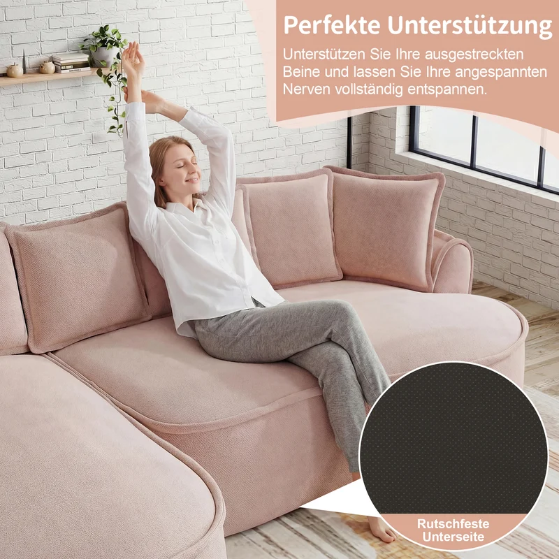 Canapé d'angle modulable tissu chenille rose sans cadre 252x164cm FLARERIFTZ