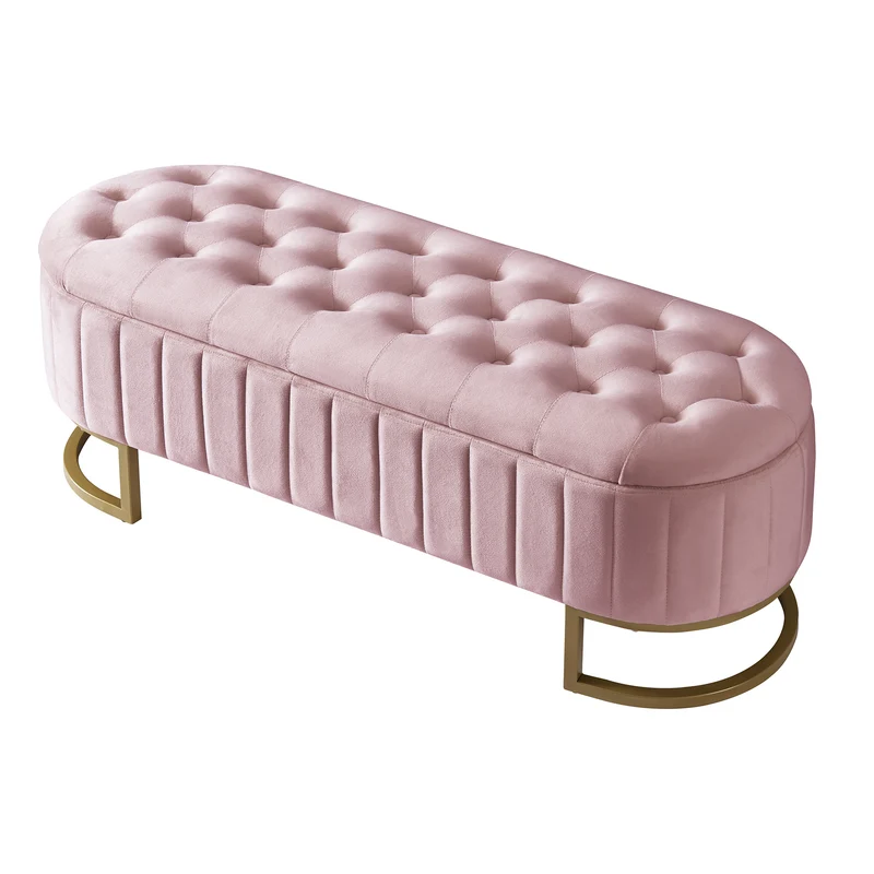 Banquette pouf capitonné en velours rose avec pieds dorés RIFTVORNATHYN