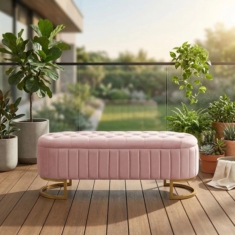 Banquette pouf capitonné en velours rose avec pieds dorés RIFTVORNATHYN
