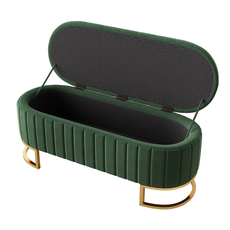 Banquette pouf capitonné en velours vert avec pieds dorés RIFTZYNTHYNOR