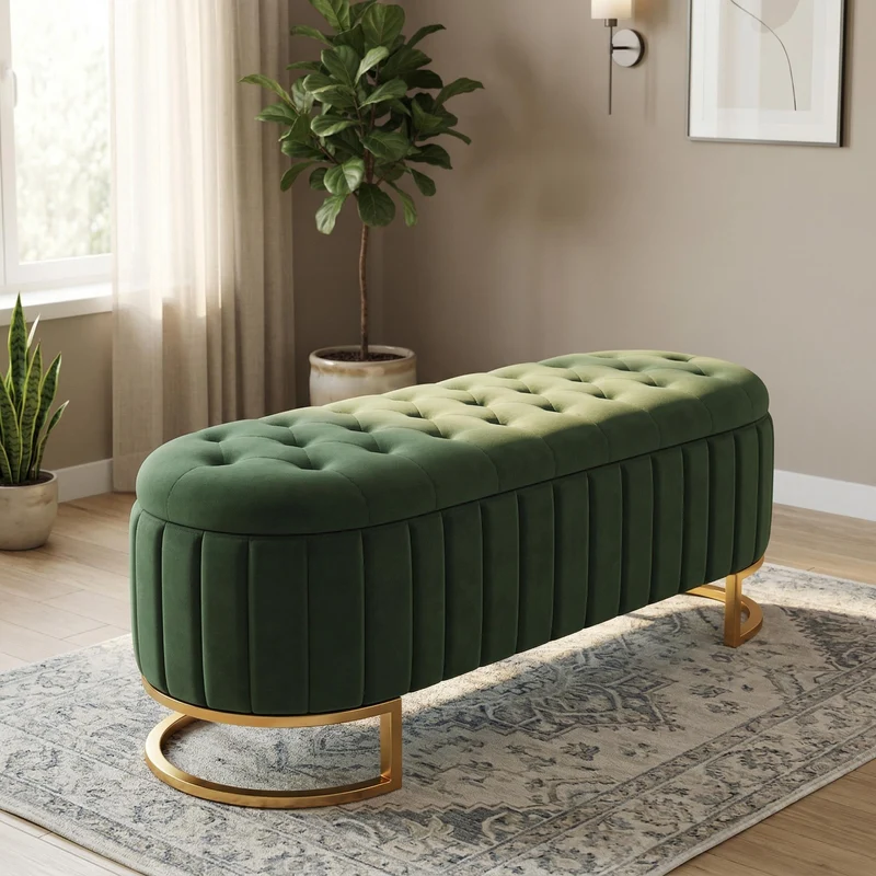 Banquette pouf capitonné en velours vert avec pieds dorés RIFTZYNTHYNOR
