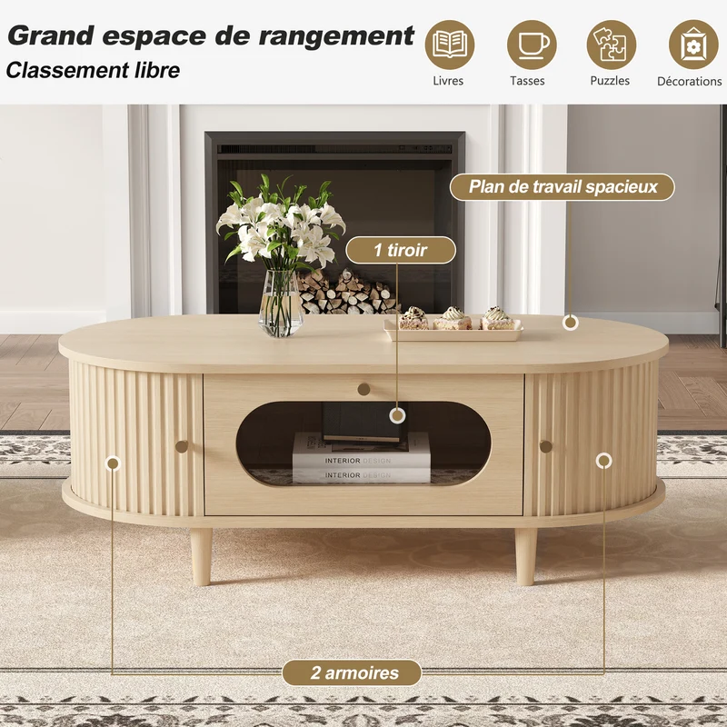 Table basse effet bois chêne 1 tiroir & portes coulissantes RIFTVALTHYNATH