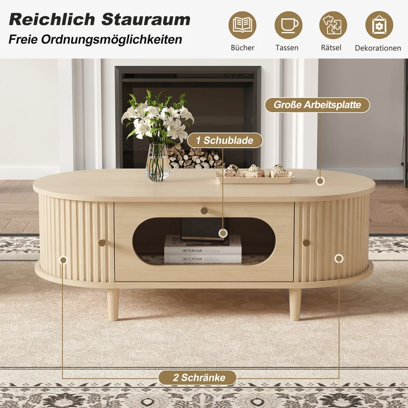 Table basse effet bois chêne 1 tiroir & portes coulissantes RIFTVALTHYNATH