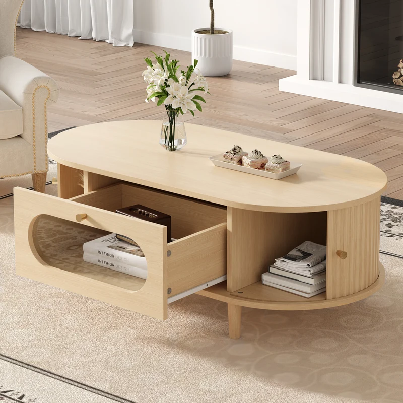 Table basse effet bois chêne 1 tiroir & portes coulissantes RIFTVALTHYNATH