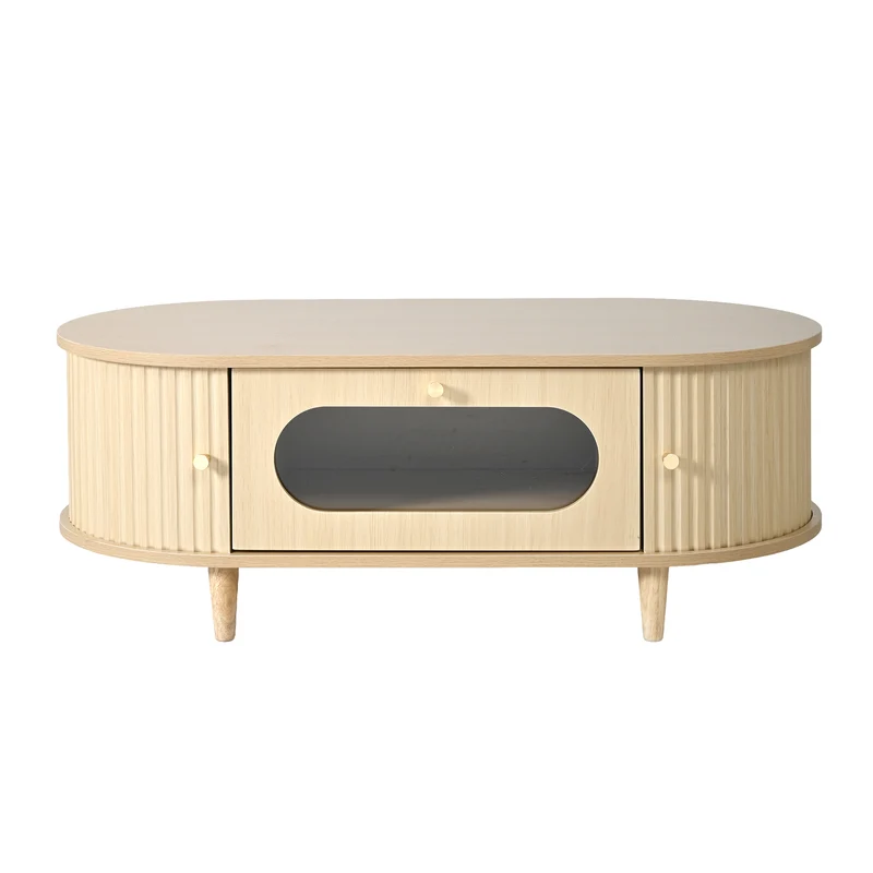 Table basse effet bois chêne 1 tiroir & portes coulissantes RIFTVALTHYNATH