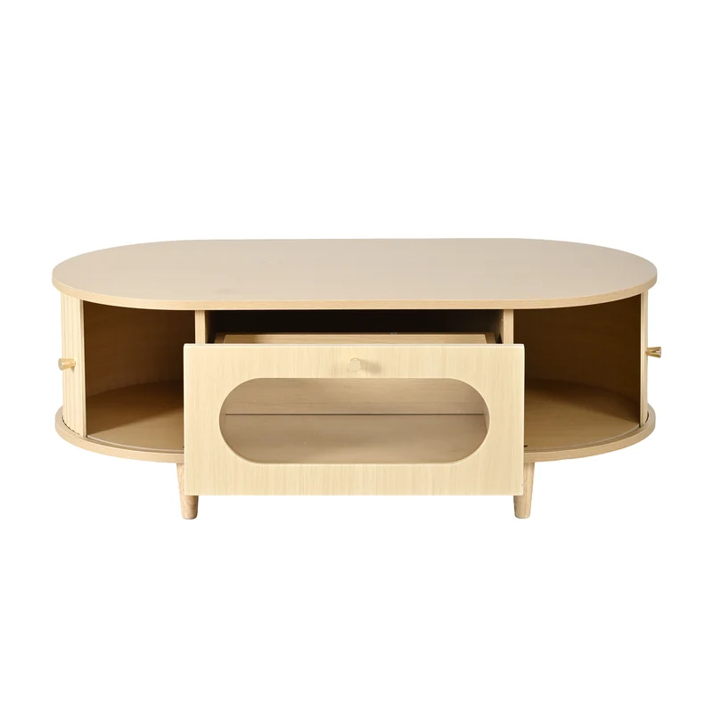 Table basse effet bois chêne 1 tiroir & portes coulissantes RIFTVALTHYNATH