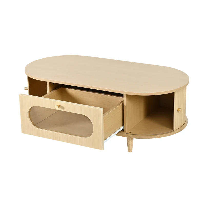 Table basse effet bois chêne 1 tiroir & portes coulissantes RIFTVALTHYNATH