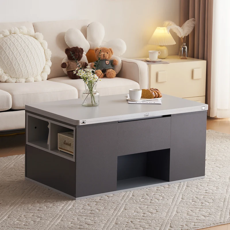 Table basse blanc et gris tablette relevable pliable, 2 portes 3 niches et 2 tiroirs 100x51cm RIFTKRYOSYNATH