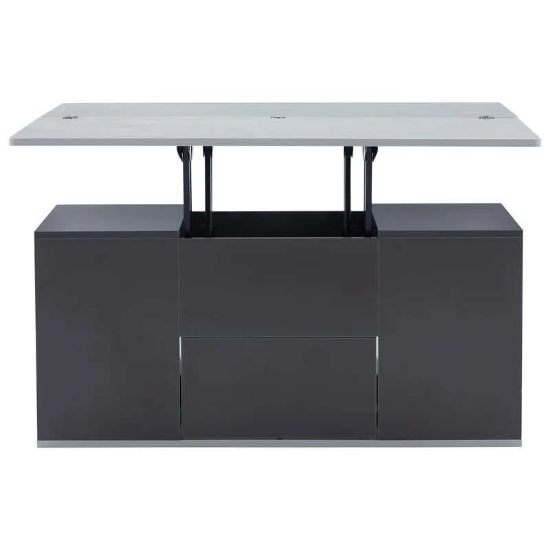 Table basse blanc et gris tablette relevable pliable, 2 portes 3 niches et 2 tiroirs 100x51cm RIFTKRYOSYNATH