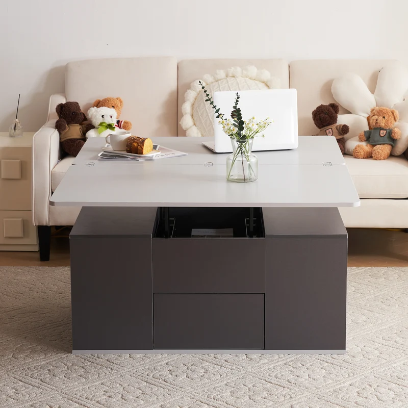 Table basse blanc et gris tablette relevable pliable, 2 portes 3 niches et 2 tiroirs 100x51cm RIFTKRYOSYNATH