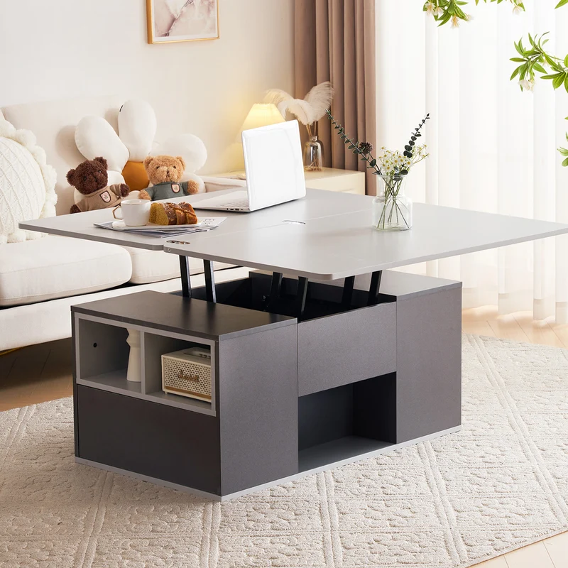 Table basse blanc et gris tablette relevable pliable, 2 portes 3 niches et 2 tiroirs 100x51cm RIFTKRYOSYNATH