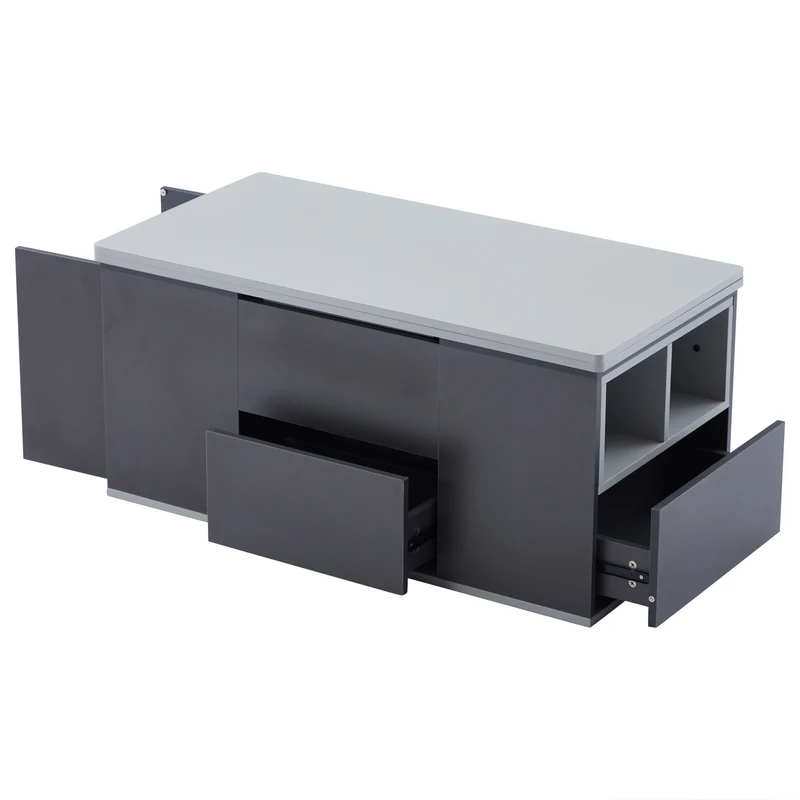 Table basse blanc et gris tablette relevable pliable, 2 portes 3 niches et 2 tiroirs 100x51cm RIFTKRYOSYNATH