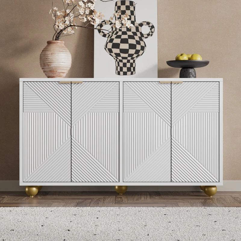 Buffet blanc 4 portes sculptées, poignées dorées pieds boule 120x35x71,5cm RIFTKRYNNATHOR