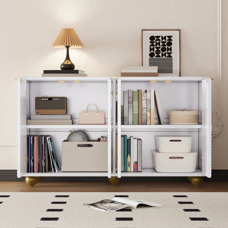 Buffet blanc 4 portes sculptées, poignées dorées pieds boule 120x35x71,5cm RIFTKRYNNATHOR