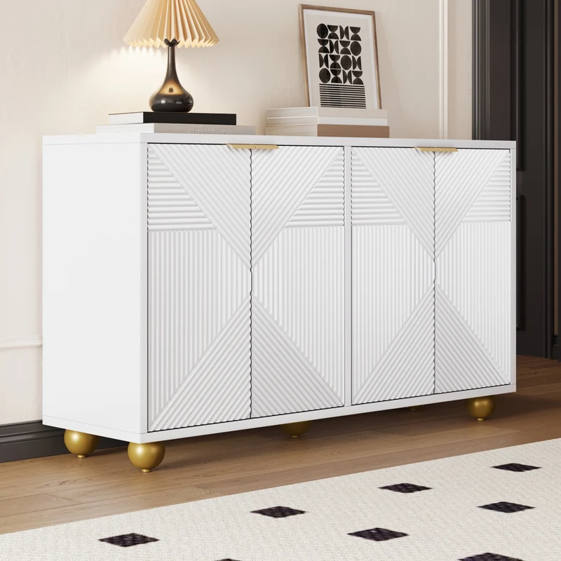 Buffet blanc 4 portes sculptées, poignées dorées pieds boule 120x35x71,5cm RIFTKRYNNATHOR