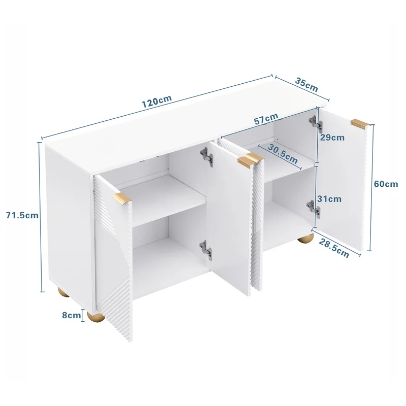 Buffet blanc 4 portes sculptées, poignées dorées pieds boule 120x35x71,5cm RIFTKRYNNATHOR