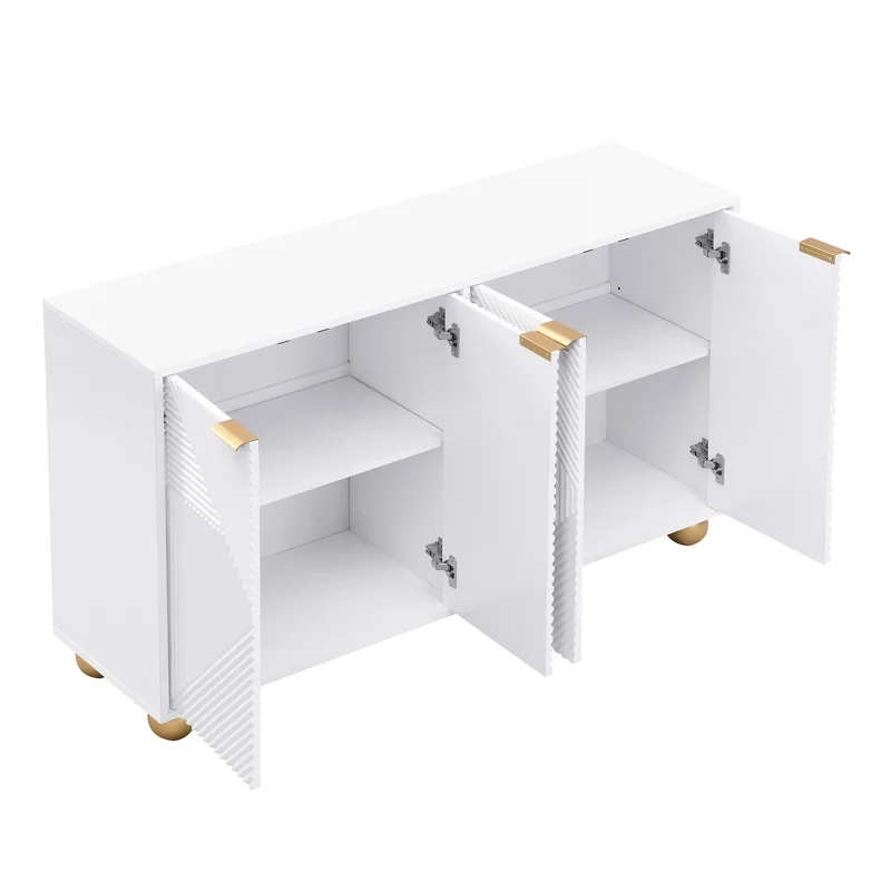 Buffet blanc 4 portes sculptées, poignées dorées pieds boule 120x35x71,5cm RIFTKRYNNATHOR