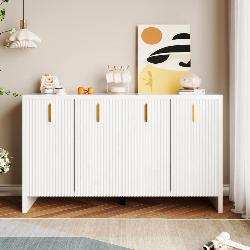 Buffet blanc design ondulé avec poignées dorées 140x38x80cm AEGISKAELOR