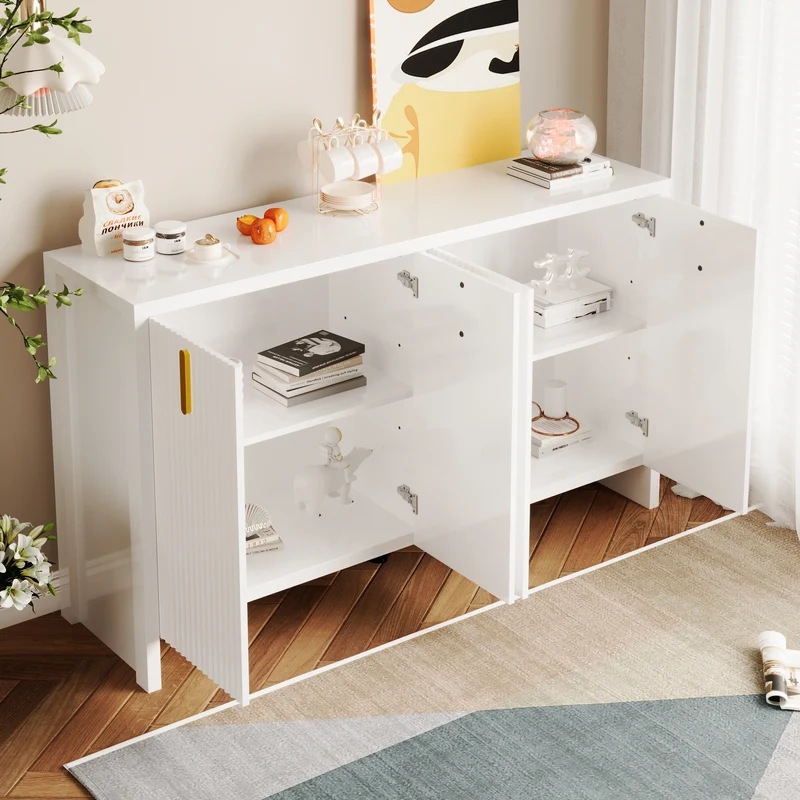 Buffet blanc design ondulé avec poignées dorées 140x38x80cm AEGISKAELOR