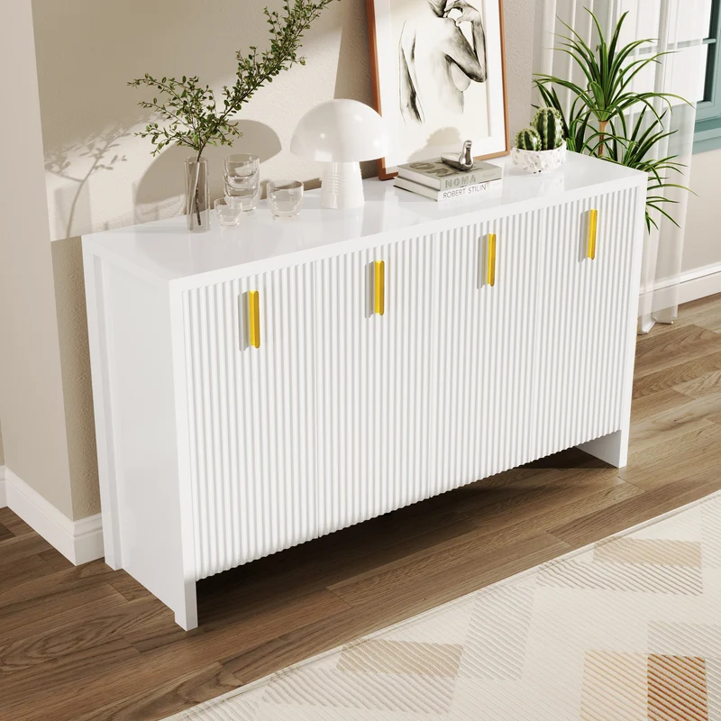 Buffet blanc design ondulé avec poignées dorées 140x38x80cm AEGISKAELOR