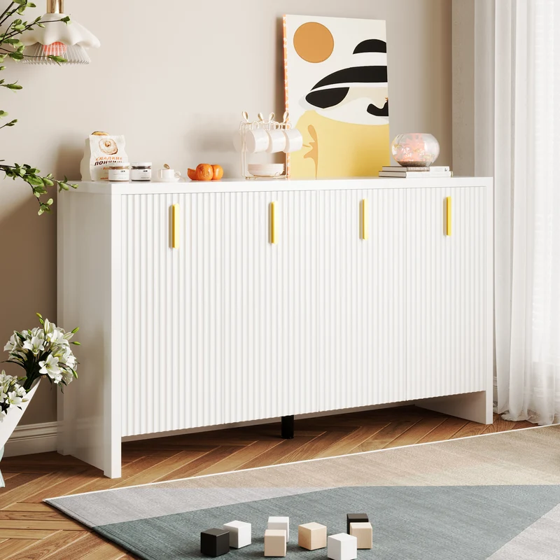 Buffet blanc design ondulé avec poignées dorées 140x38x80cm AEGISKAELOR