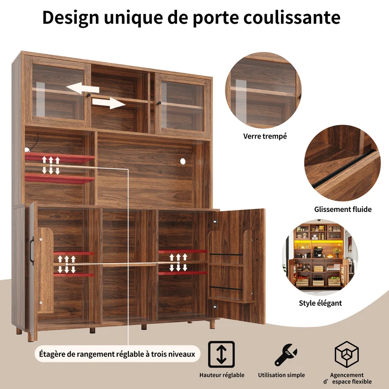 Buffet haut vaisselier effet bois noyer et vitrine en verre avec éclairage LED intelligent XYLEM