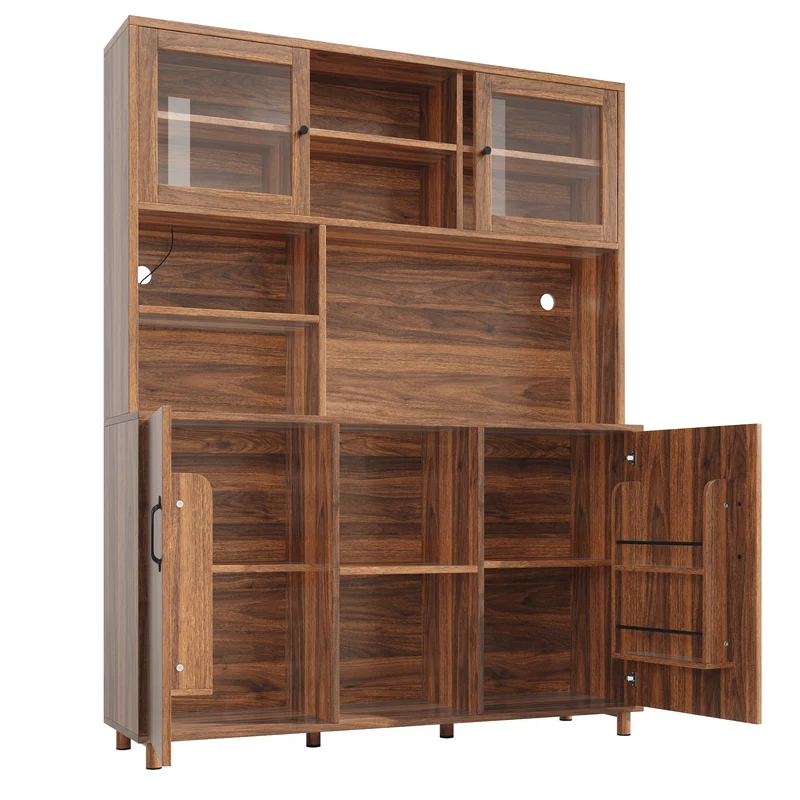 Buffet haut vaisselier effet bois noyer et vitrine en verre avec éclairage LED intelligent XYLEM