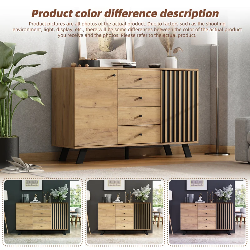 Buffet industriel effet bois naturel et lattes noirs avec 4 tiroirs CORBICUL