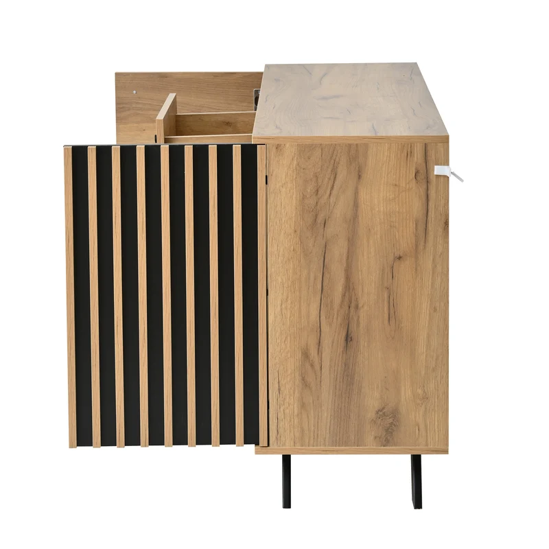 Buffet industriel effet bois naturel et lattes noirs avec 4 tiroirs CORBICUL