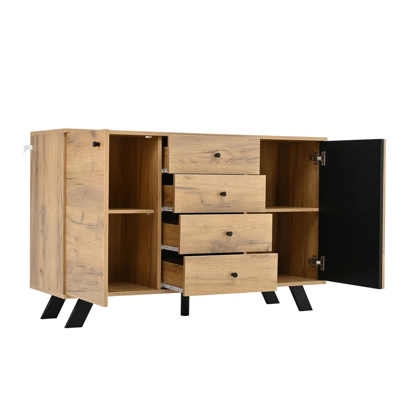 Buffet industriel effet bois naturel et lattes noirs avec 4 tiroirs CORBICUL