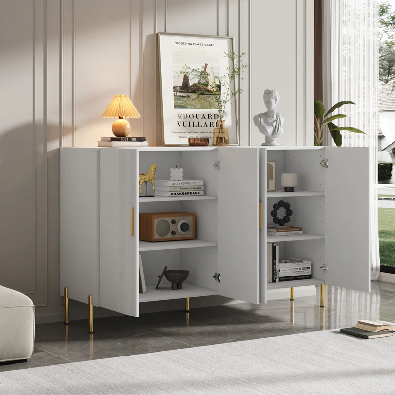 Buffet multifonctionnelle moderne blanc mat 4 portes poignées et pieds dorés 160*35*100 cm KIKS
