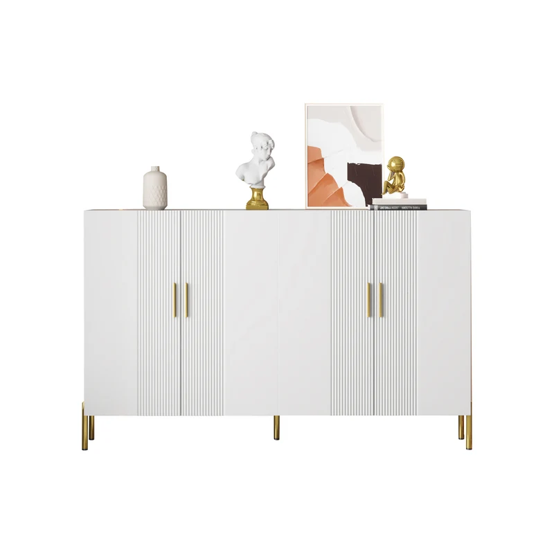 Buffet multifonctionnelle moderne blanc mat 4 portes poignées et pieds dorés 160*35*100 cm KIKS