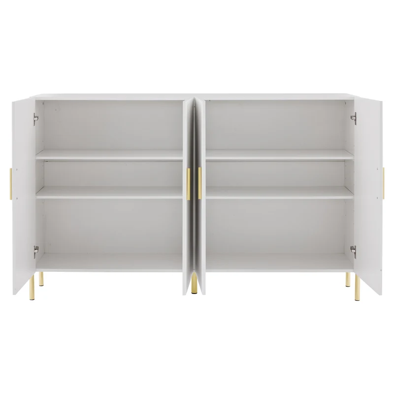 Buffet multifonctionnelle moderne blanc mat 4 portes poignées et pieds dorés 160*35*100 cm KIKS