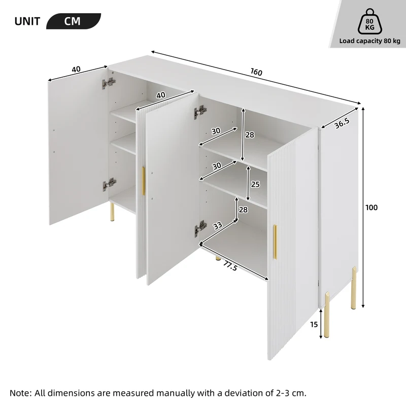 Buffet multifonctionnelle moderne blanc mat 4 portes poignées et pieds dorés 160*35*100 cm KIKS