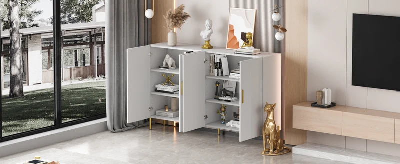 Buffet multifonctionnelle moderne blanc mat 4 portes poignées et pieds dorés 160*35*100 cm KIKS