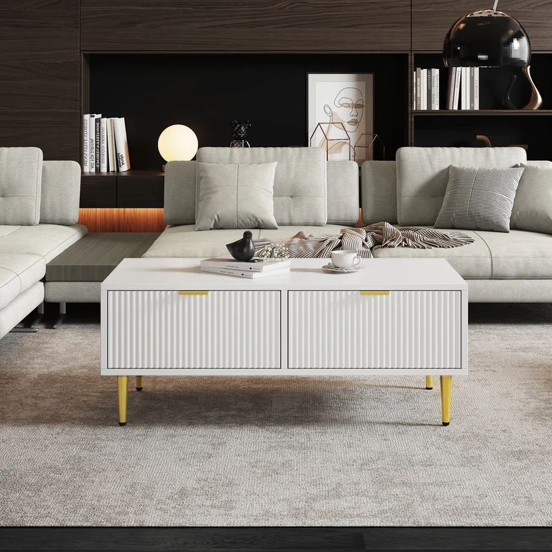 Table basse blanche moderne avec poignées et pieds dorés 2 tiroirs design à rayures verticales STRUX WHITE