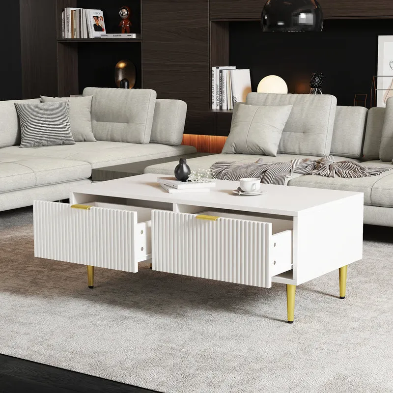 Table basse blanche moderne avec poignées et pieds dorés 2 tiroirs design à rayures verticales STRUX WHITE