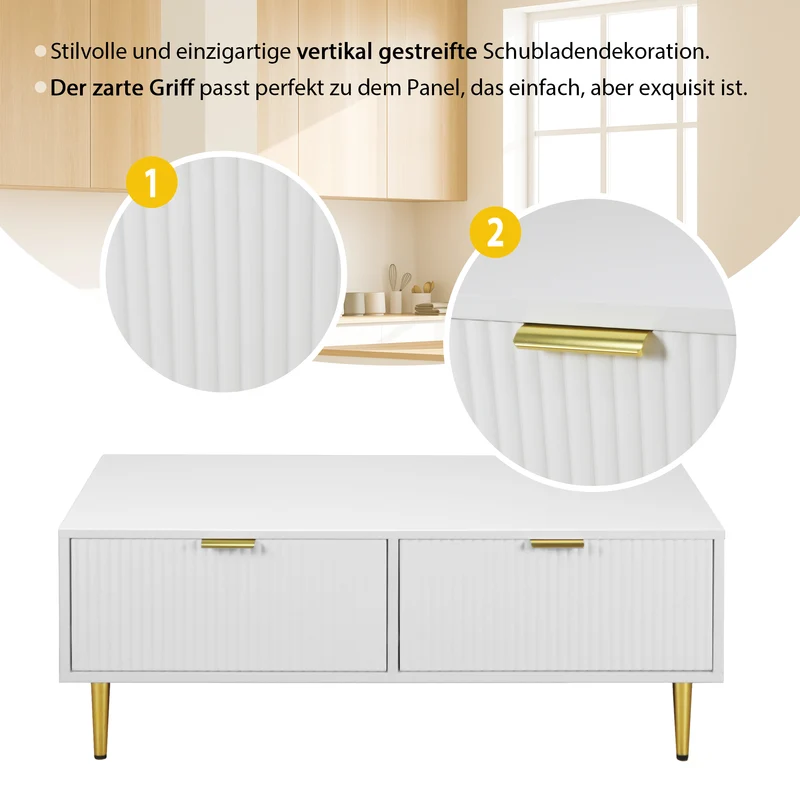 Table basse blanche moderne avec poignées et pieds dorés 2 tiroirs design à rayures verticales STRUX WHITE