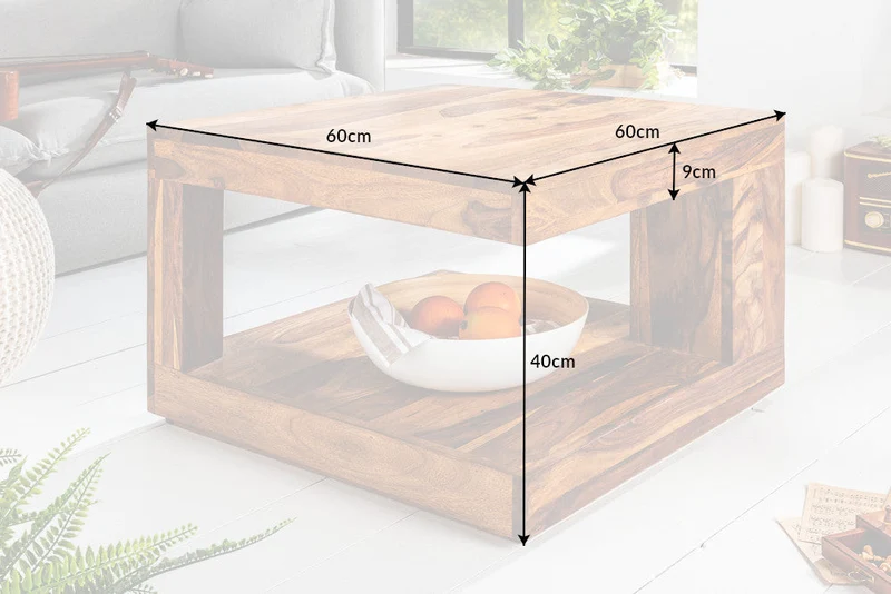 Table basse design GIANT 60cm en bois massif Sheesham marron finition pierre avec étagère