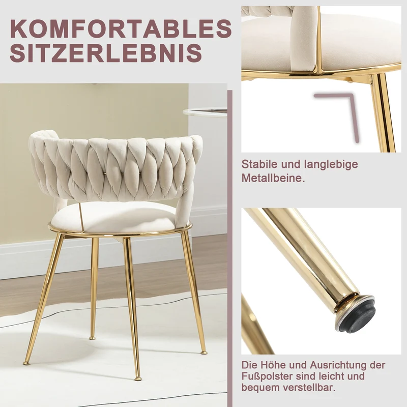 Lot de 2 chaises de salle à manger en velours ivoire, dossier ergonomique, pieds dorés BRIARGLADE