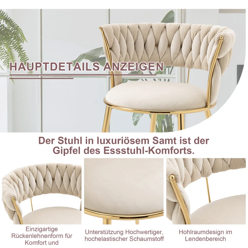 Lot de 2 chaises de salle à manger en velours ivoire, dossier ergonomique, pieds dorés BRIARGLADE