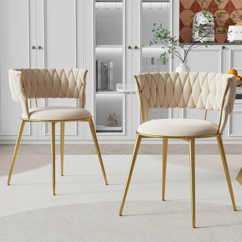 Lot de 2 chaises de salle à manger en velours ivoire, dossier ergonomique, pieds dorés BRIARGLADE