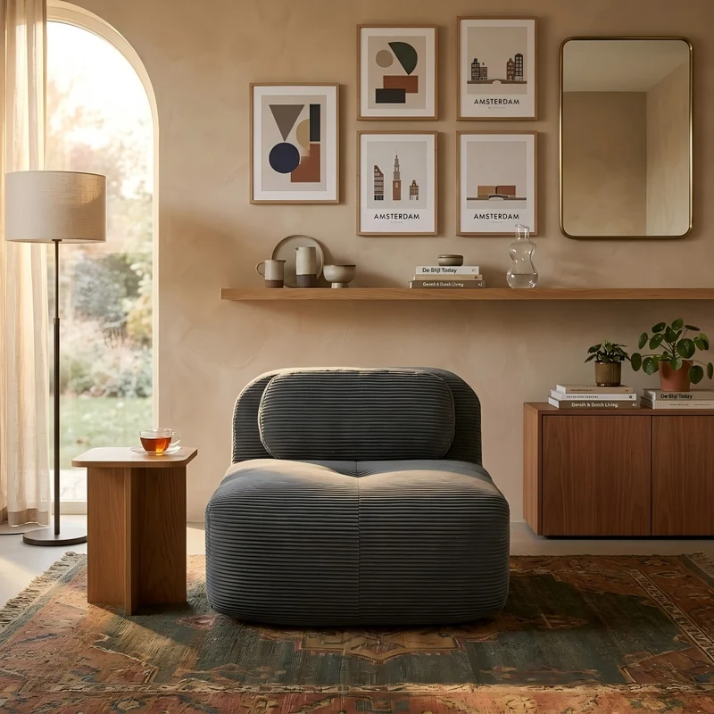 Canapé fauteuil modulable sans accoudoirs en velours côtelé gris 90x103cm NOVATERRA
