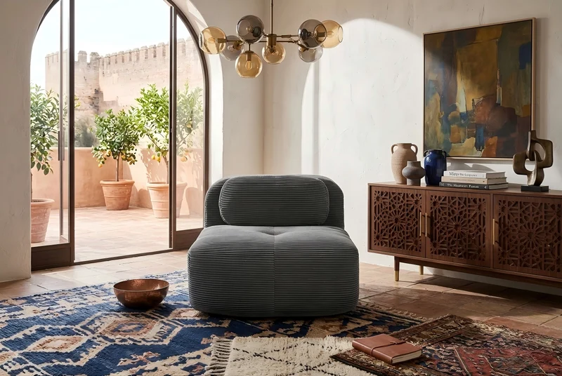 Canapé fauteuil modulable sans accoudoirs en velours côtelé gris 90x103cm NOVATERRA