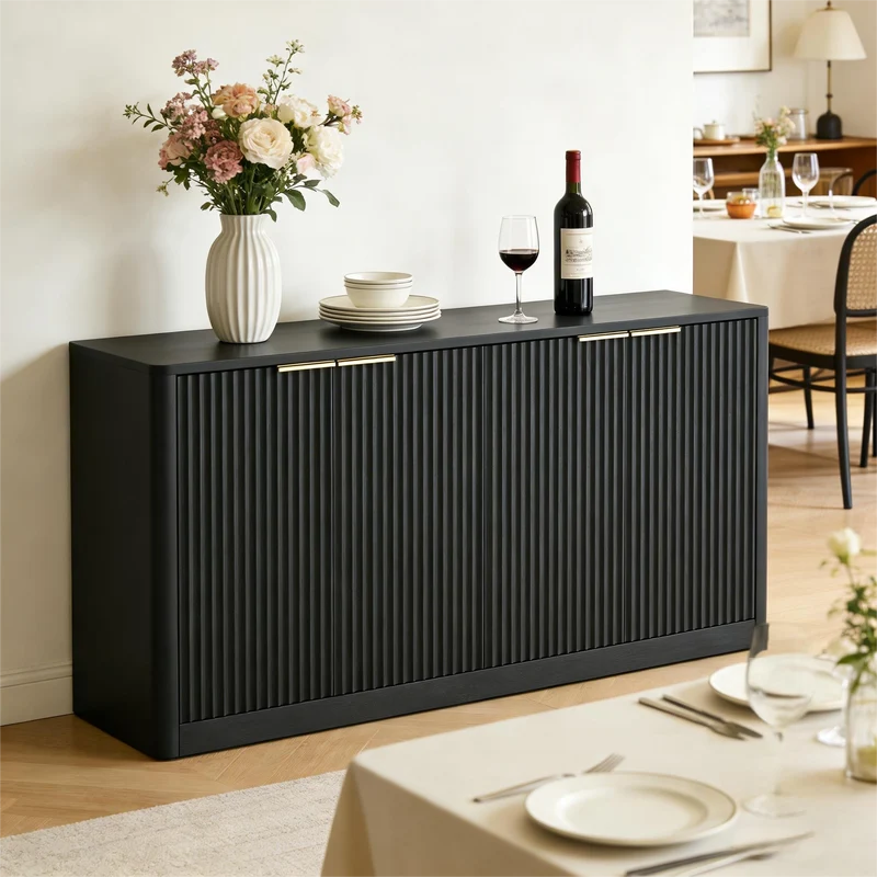 Buffet noir 4 portes façade ondulé et détails dorés 150x40x70,5cm VERTEXZYNTHYN