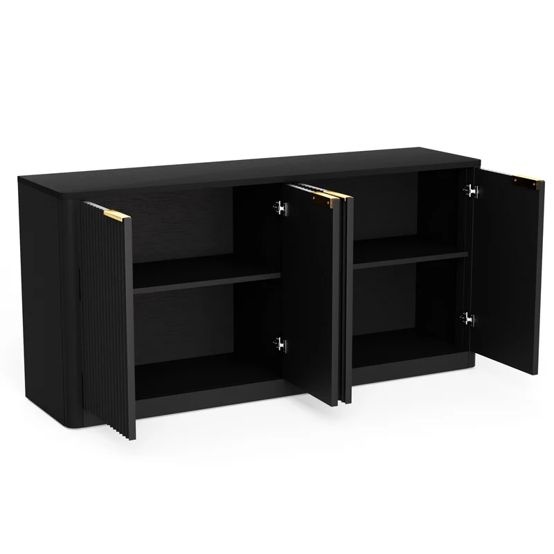 Buffet noir 4 portes façade ondulé et détails dorés 150x40x70,5cm VERTEXZYNTHYN