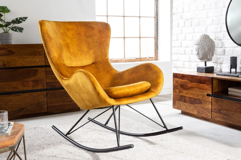 Fauteuil à bascule design SCANDINAVIA SWING en velours jaune moutarde