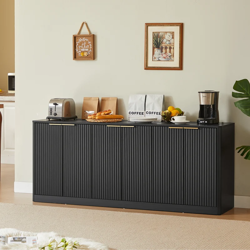 Buffet noir 6 portes façade ondulé et détails dorés 170x40x70,5cm VERTEXKRYOSYNOR